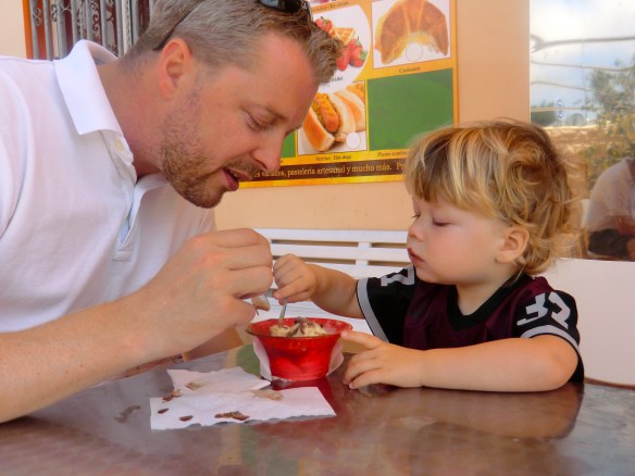 Upon returning to the island, Per Christian received critical "sharing" lessons from his pappa. We're still working on it...